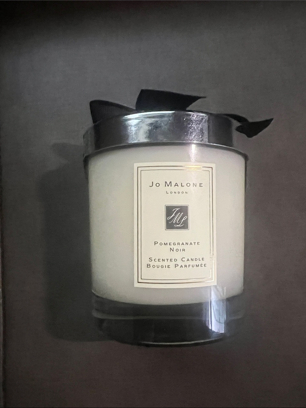 Jo Malone Candle in White Glass with Silver Lid and Black Ribbon